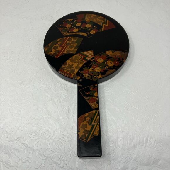 VTG Otagiri Nesting Double Hand Mirror Handles Black Lacquer 11” Diameter Japan - Picture 1 of 10